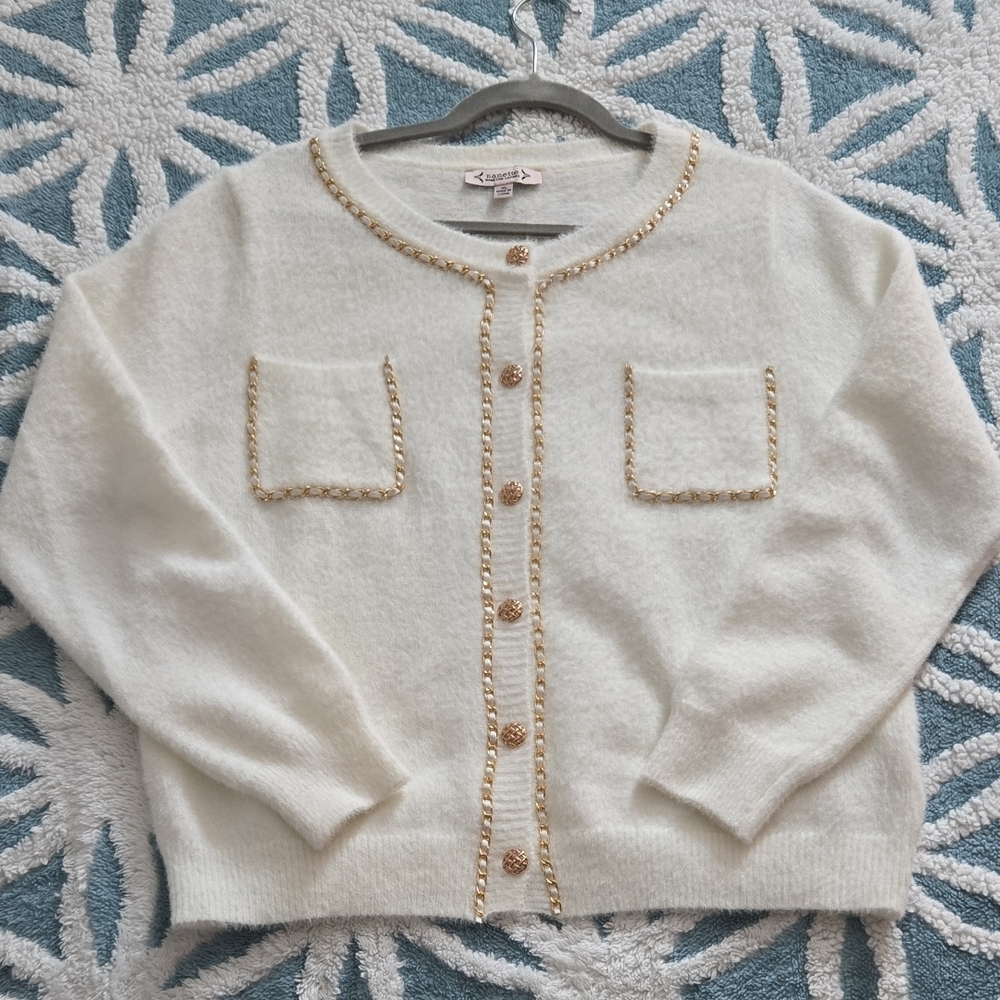 Nanette Lepore Cream Cardigan with Gold Chain Trim